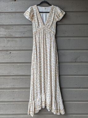 Max Studio London Bohemian Floral V-Neck Maxi Dress Pockets Small Fairy Whimsy
